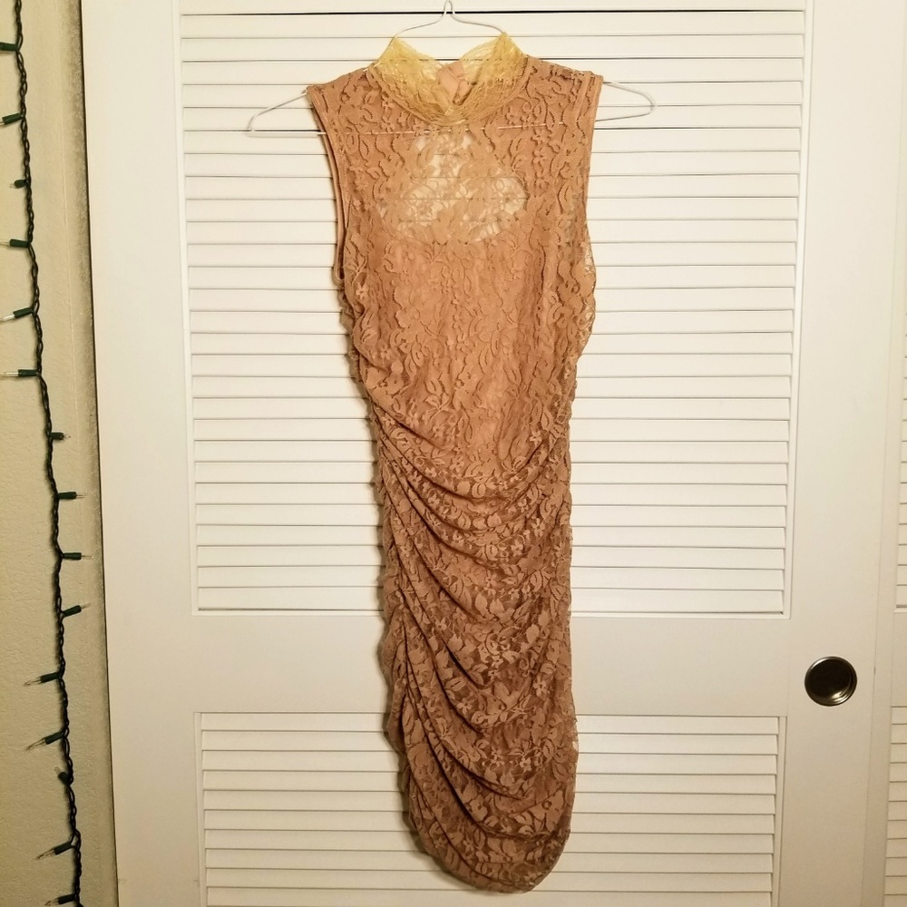Qurio by Aggie Nude Lace Ruched Bodycon Dress